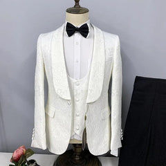 A white patterned three-piece suit with a black shawl lapel, bow tie, and matching black trousers.