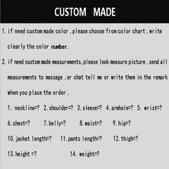 A custom measurement guide for men's suits listing fourteen required body measurements.