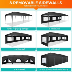 A 10x30 foot pop-up canopy tent shown with various configurations of its eight removable sidewalls.