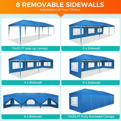 A 10x30 foot blue pop-up canopy tent shown with various configurations of its eight sidewalls.