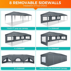 A 10x30 foot pop-up canopy tent shown with various configurations of its eight removable sidewalls.
