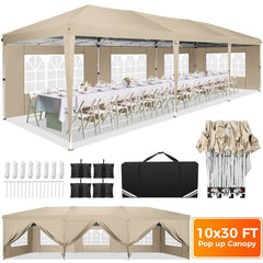 A 10x30 foot beige pop-up canopy tent with eight removable sidewalls and included accessories.
