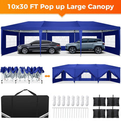 A blue 10x30 foot pop-up canopy tent with removable sidewalls, storage bag, and anchor accessories.