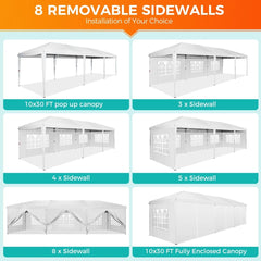 A 10x30 foot pop-up canopy tent shown with various configurations of its eight removable sidewalls.