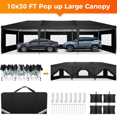 A black 10x30 foot pop-up canopy tent with eight removable sidewalls, storage bag, and sandbags.