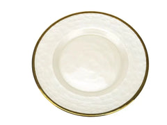 A round, 8-inch glass dinner plate with a textured surface and a gold-trimmed rim.