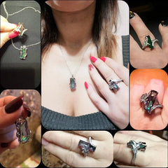 Huitan Multicolored Rectangular Stone Ring/Necklace Set Novel Design Anniversary Party Women Jewelry Factory Direct Selling Set - SHOWLU FASHION STORE