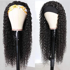 Two mannequin heads display long, kinky curly human hair headband wigs with different headbands.