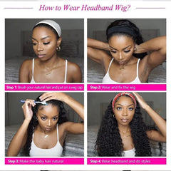 A woman demonstrates the four-step process for wearing a long, kinky curly human hair headband wig.