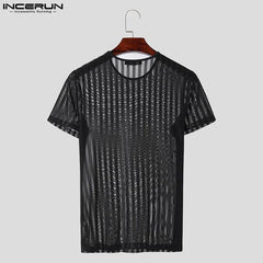 INCERUN Men T Shirt Striped Mesh Transparent O - neck Short Sleeve Men Clothing Streetwear 2024 Sexy Skinny Fashion Tee Tops S - 5XL - SHOWLU FASHION STORE