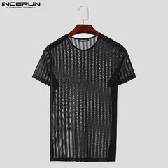 INCERUN Men T Shirt Striped Mesh Transparent O - neck Short Sleeve Men Clothing Streetwear 2024 Sexy Skinny Fashion Tee Tops S - 5XL - SHOWLU FASHION STORE