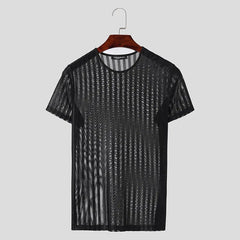 INCERUN Men T Shirt Striped Mesh Transparent O - neck Short Sleeve Men Clothing Streetwear 2024 Sexy Skinny Fashion Tee Tops S - 5XL - SHOWLU FASHION STORE