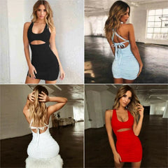 INS Sleeveless Cut Out Backless Dress Cross Strap - SHOWLU FASHION STORE
