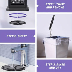 A three-step instructional graphic showing how to remove, empty, and clean the insect trap tray.