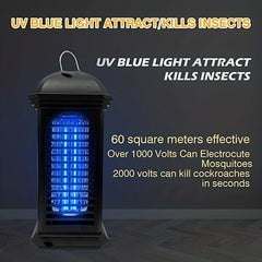 A black electric insect killer lamp with a blue UV light and a top hanging ring.