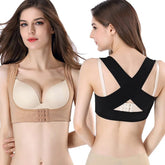 A woman wears a beige chest posture corrector vest from the front and a black version from the back.