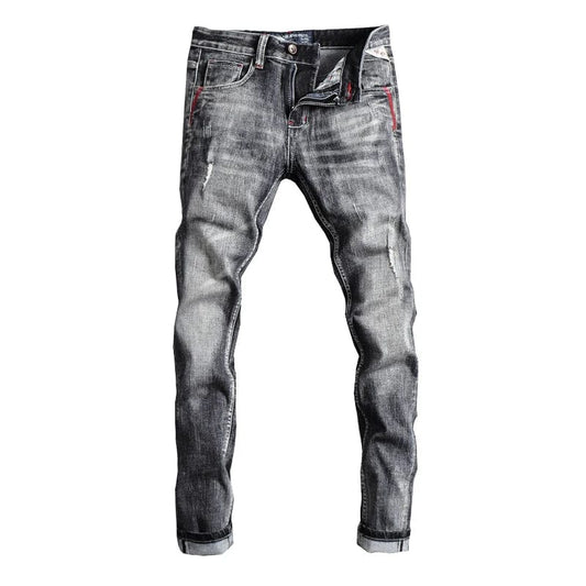 Italian Style Fashion Men Jeans Retro Gray Elastic Slim Fit Ripped Jeans Men Trousers Vintage Designer Casual Denim Pants Hombre - SHOWLU FASHION STORE