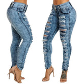 Jeans Ankle Length Women Pencil Denim Hole Pants Ripped Pockets High Waist Jean Skinny Streetwear Button Washed Distressed - SHOWLU FASHION STORE