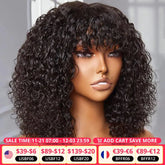 A mannequin wears a short, curly, dark brown human hair bob wig with bangs.