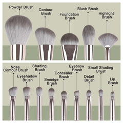 A set of fourteen makeup brushes with soft bristles and striped handles labeled by function.