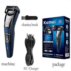 Kemei adjustable beard and hair trimmer with a cleaning brush, EU charger, and product box.