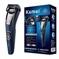 A Kemei rechargeable beard and hair trimmer with an adjustable length setting and its box.