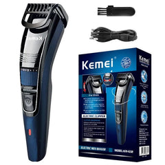 A Kemei rechargeable beard and hair trimmer with an adjustable comb, charging cable, and brush.