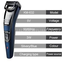A silver and blue Kemei beard trimmer with an adjustable comb attachment and technical specs.
