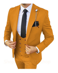 A khaki three-piece men's suit featuring a slim-fit blazer, vest, and a polka-dot tie.