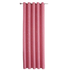 A pink blackout curtain panel with a silver star pattern and a grommet top.