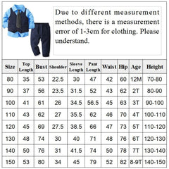 A formal boys suit set featuring a blue shirt, navy vest, tie, and matching trousers with a size chart.