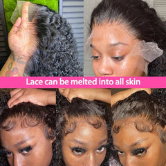 A woman demonstrates the application of a kinky curly human hair lace front wig.