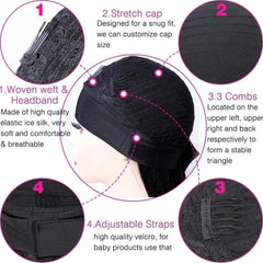 A black headband wig cap featuring internal combs, adjustable velcro straps, and a stretch fit.