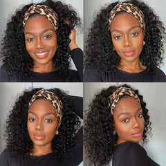 A woman wears a kinky curly Brazilian human hair headband wig with a leopard print headband.