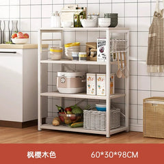 A four-tier kitchen storage rack with a light wood finish and white metal frame.