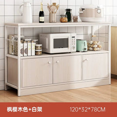 A three-tier kitchen storage cabinet with a white metal frame and light wood grain finish.