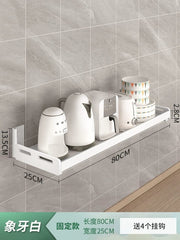 A white wall-mounted kitchen storage rack holding small appliances and bowls.