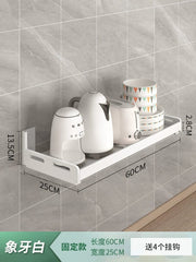 A white wall-mounted kitchen storage rack holding a kettle, toaster, and bowls.