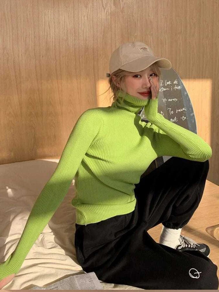 Knitted Sweater Women Korean Version Turtleneck Sweater Winter Solid Color Pullover Slimming Interior Lapping Warm Basic Tops - SHOWLU FASHION STORE