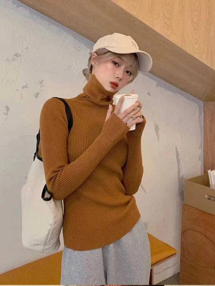Knitted Sweater Women Korean Version Turtleneck Sweater Winter Solid Color Pullover Slimming Interior Lapping Warm Basic Tops - SHOWLU FASHION STORE
