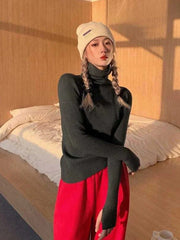 Knitted Sweater Women Korean Version Turtleneck Sweater Winter Solid Color Pullover Slimming Interior Lapping Warm Basic Tops - SHOWLU FASHION STORE