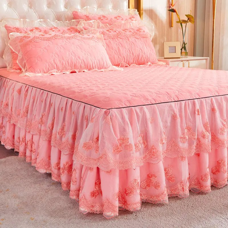 Korea Solid Brushed Bedspread Set Lace Quilted Queen King Size Ruffles Bedskirt Double Bed Cover with 2 Pillowcases - SHOWLU FASHION STORE