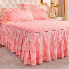 Korea Solid Brushed Bedspread Set Lace Quilted Queen King Size Ruffles Bedskirt Double Bed Cover with 2 Pillowcases - SHOWLU FASHION STORE