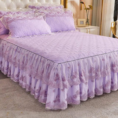 Korea Solid Brushed Bedspread Set Lace Quilted Queen King Size Ruffles Bedskirt Double Bed Cover with 2 Pillowcases - SHOWLU FASHION STORE