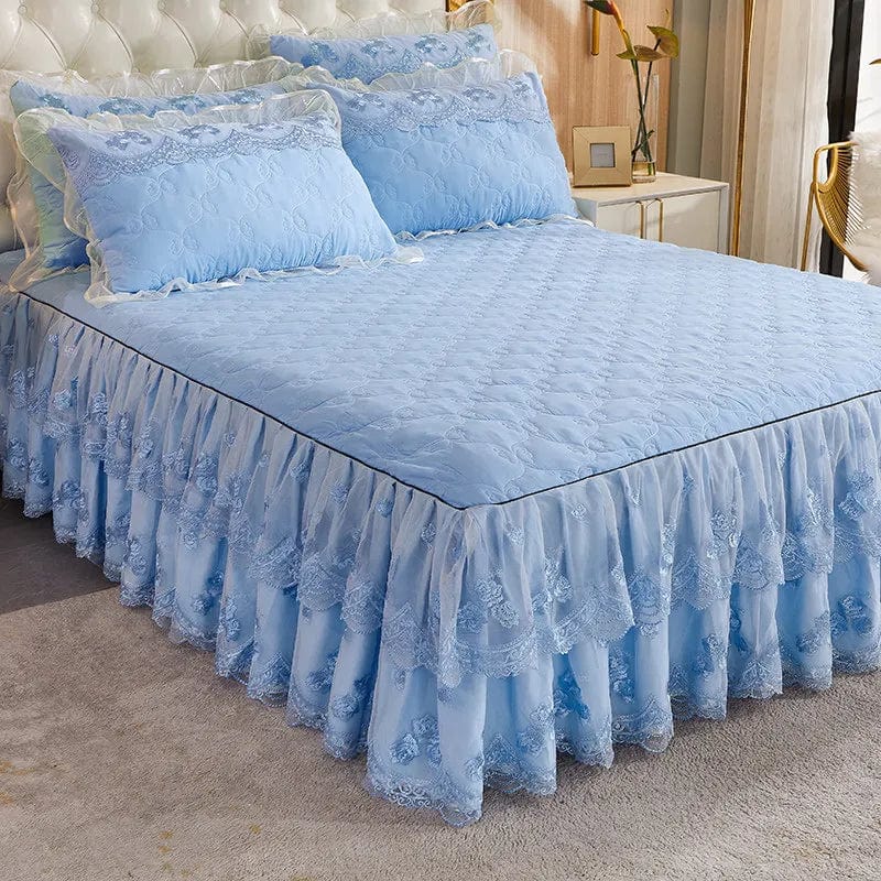 Korea Solid Brushed Bedspread Set Lace Quilted Queen King Size Ruffles Bedskirt Double Bed Cover with 2 Pillowcases - SHOWLU FASHION STORE
