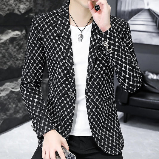 Korean Letter Print Men Blazers Brand 2024 Spring Casual Business Suit Jackets Slim Fit Street Wear Social Jacket Men Clothing - SHOWLU FASHION STORE