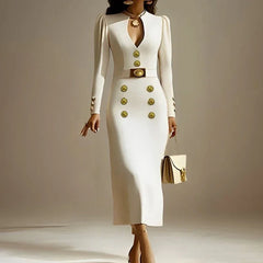 A woman wears a long-sleeved white midi dress with gold buttons and a sweetheart neckline.