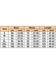 A size chart table for women's dresses showing bust, waist, and length measurements in cm and inches.