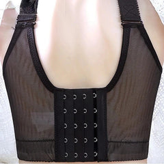 A black wire-free bra with a wide mesh back and a five-hook closure on a mannequin.
