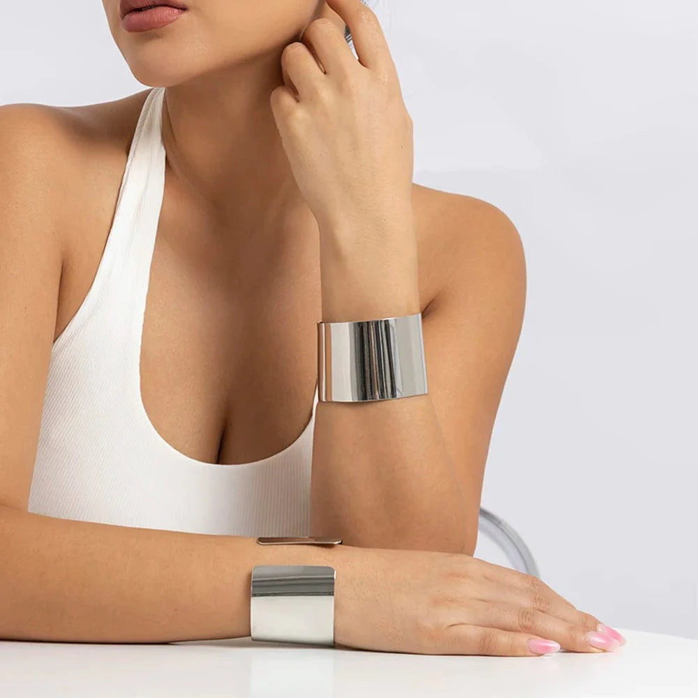 Lacteo Gold Color Smooth Wide Cuff Bracelets Simple Open Big Bangle for Female Women Charm Jewelry Fashion Punk Gifts New - SHOWLU FASHION STORE